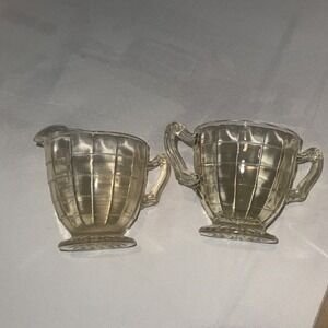 Anchor Hocking Block Optic Topaz Yellow Depression Glass Creamer & Sugar Set